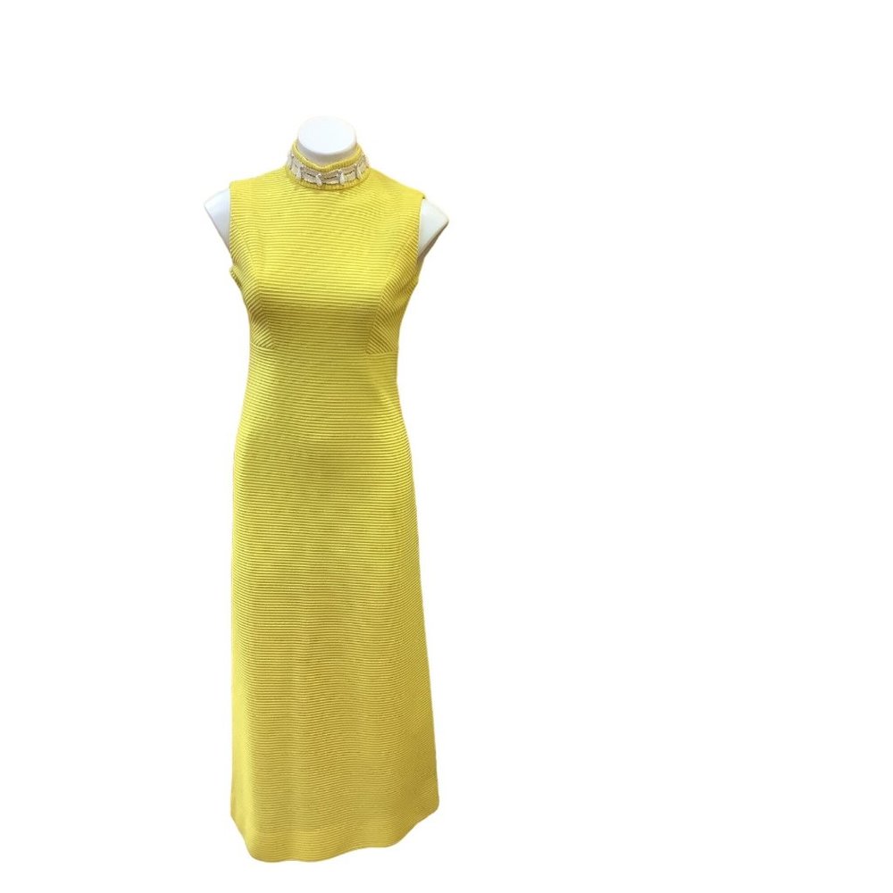 Vintage 1960’s-70’s Bright Yellow Leslie Fay Ribbed Maxi Dress- Small